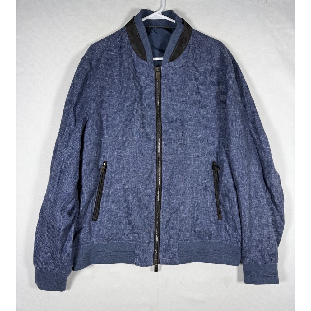 CANALI Bomber Jacket Mens XL Blue Linen Leather Made in Italy Water Resistant